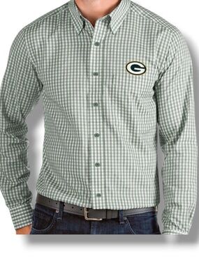Green Bay Packers Mens Large Buffalo Check Antigua Button Down Shirt Long Sleeve
